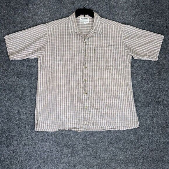 Columbia Shirt Mens Large Tan Plaid Short Sleeve Button Up Pocket Seersucker - Picture 1 of 7